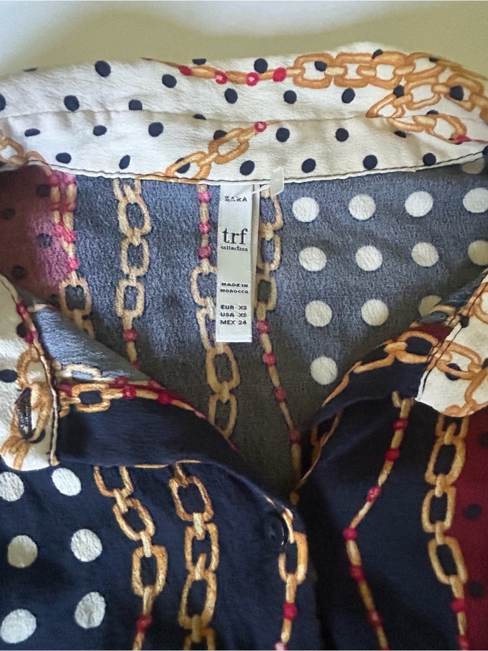 Mixed Print Button-Down Blouse in Burgundy, Navy & White - Picture 7 of 10